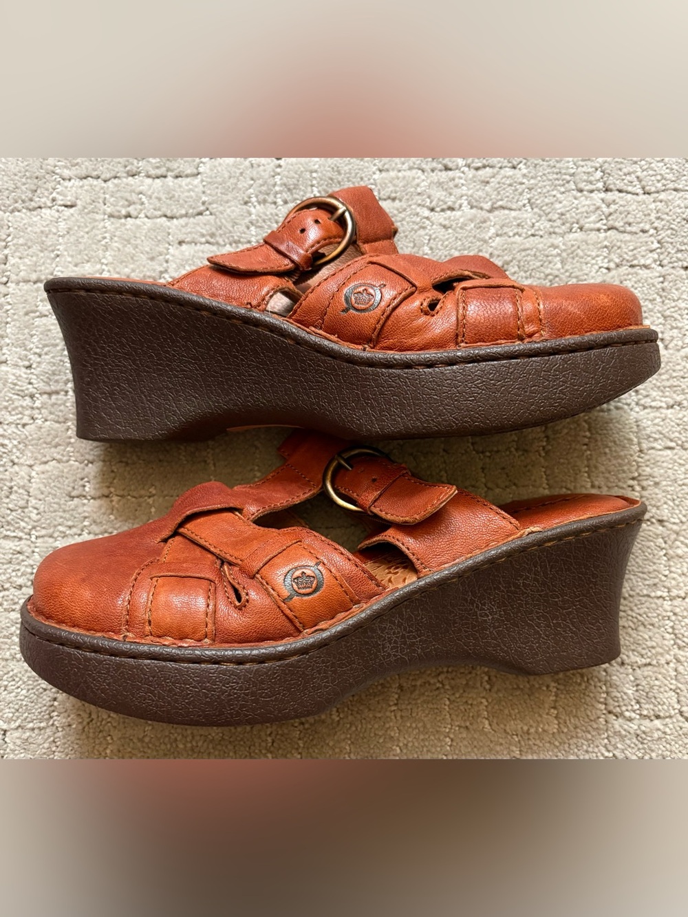 Born Rustic Cognac Leather Wedge T Strap Sandal Mule Clogs